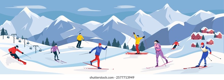 Skiers enjoying winter sports on snowy mountain slopes. Vector illustration