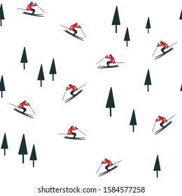 Skiers and evergreen trees seamless vector pattern.