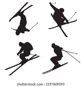 Skiers. Four silhouettes of skiers. The shadows of the skiers. Skiers perform tricks. Stencils