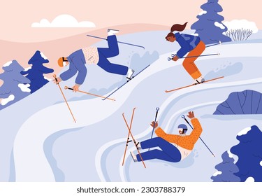 Los esquiadores bajan por la montaña contra el fondo del paisaje invernal, ilustración vectorial plana. Pista de esquí y fondo de banner de vacaciones deportivas en invierno.