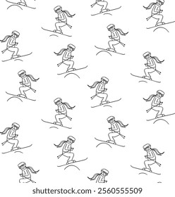 Skiers graphic line style. Ski resort. vector seamless pattern Winter sport activity with flying skiers