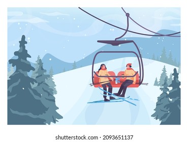 Skifahrer heben sich mit dem Skilift zum Hang auf. Winterskilift, Ski- und Snowboardwege mit Skilift. Schneehöhe Hügel und Waldlandschaft. Das Frostwetter im Dezember. Flache Vektorgrafik