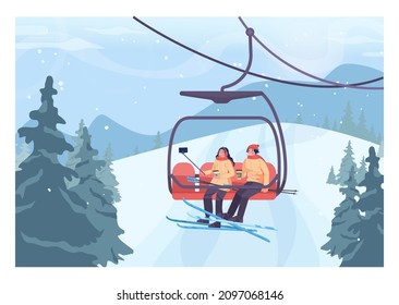 Skiers lifting up to a slope by ski lift. Couple taking selfie on a chairlift. Winter ski resort, ski and snowboarding paths with ski lift. Snowy hills and forest scenery. Flat vector illustration