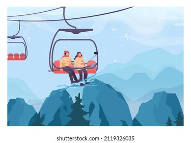 Skifahrer heben sich mit dem Skilift zum Hang auf. Paare, die sich auf einem Sessellift selbst machen. Winterskilift, Ski- und Snowboardwege mit Skilift. Schneehöhe Hügel und Waldlandschaft. Flache Vektorgrafik