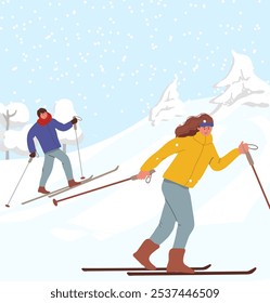 Skiers man and woman, man gliding athlete skiing doing activity winter vacation concept snowfall landscape. Vector hand drawing.