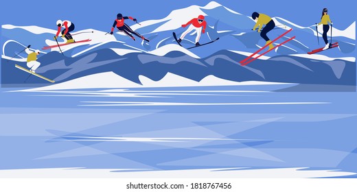 Skiers in the mountains - illustration, vector. New Year, Christmas banner. Winter tourism.