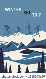 Skiers in the mountains - snowy abstract background - illustration, vector. Winter sport. Sports banner. Winter ski trip.