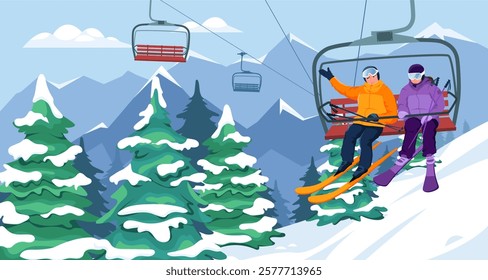 Skiers on a chairlift in a snowy mountain landscape. Vector illustration