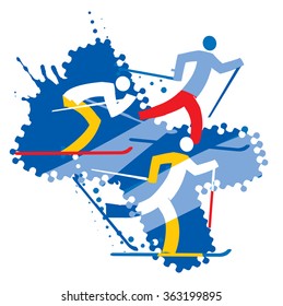 Skiers on the grunge background.
Three  colorful grunge stylized cross country skiers. Vector available.