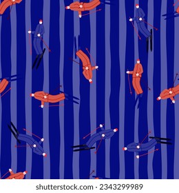 Skiers on the slope. Winter sports seamless pattern. For fabric design, textile print, wrapping paper, cover. Vector illustration