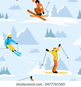 Skiers on slopes with mountains in background. Light blue backdrop. Winter sports activity. Vector illustration