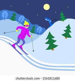 Skiers on the snowy hills with the firs in the evening under the moon and stars. Ski resort. Winter sports competition. Healthy lifestyle. Mountain skiing. Active sports recreation. Stock vector flat.