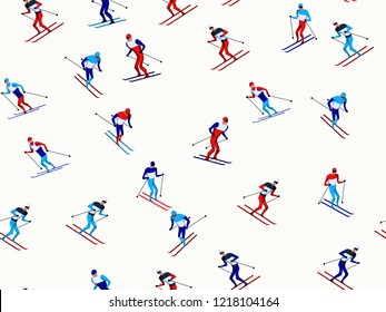 Skiers pattern. Winter seasonal activity. Modern art style.