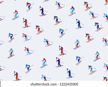 Skiers pattern. Winter seasonal activity. Modern art style.