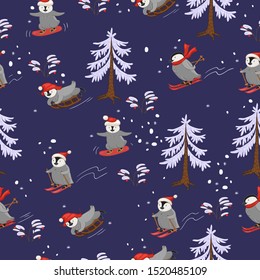 Skiers penguins seamless pattern. Print for wrapping paper or fabric.