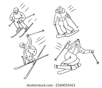 Skiers performing alpine skiing stunts in action packed doodle illustrations. Vector winter sport outline drawing on white background. Perfect for coloring pages