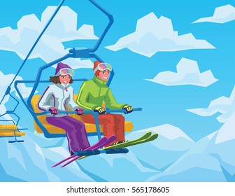 Skiers riding on the lift at the ski resort. Happy couple boy and girl sitting on the ski elevator to the top of the mountains. Vector illustration for website for ski resort, winter vacation.