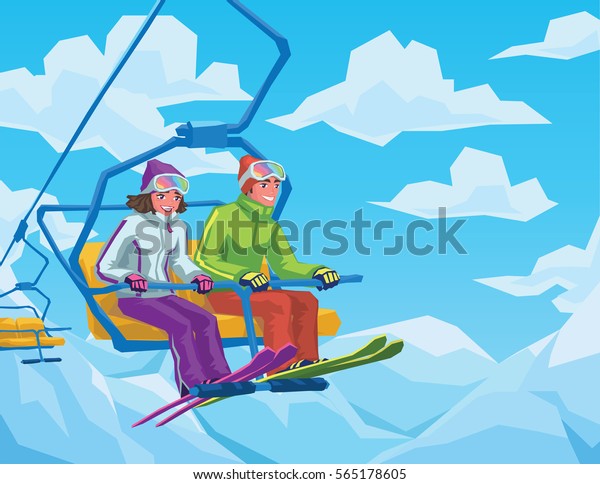 スキー場のリフトに乗るスキーヤー 山の頂上までスキーのエレベーターに座っている幸せな男の子と女の子 スキー場 冬休みのウェブサイトのベクターイラスト のベクター画像素材 ロイヤリティフリー