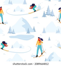 Skiers seamless pattern. People skiing in colorful clothes. Young woman on ski in winter snow mountain, Alps. Blue trees, ice lake on white background. Country cross activity. Vector illustration