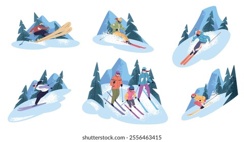 Skiers set. People ski freestyle winter sport, family skiing freeride extreme speed slalom downhill snow mountain slope skier rider action jump poses, classy vector illustration original artwork