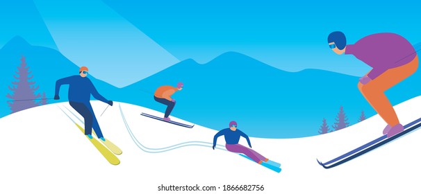 Skiers at a ski resort. Flat vector stock illustration. People skiing downhill. Banner illustration, template with place for text. Ski resort in the mountains in winter