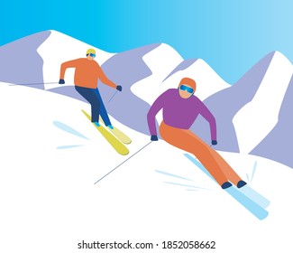 Skiers skiing downhill. Flat vector stock illustration. Downhill skiing in a mountain resort on vacation. Competition, vacation, skiing concept. Illustration with people skiers during the competition