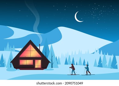 Skiers skiing in winter mountain landscape at night vector illustration. Cartoon panoramic Christmas scenery with house of holiday resort and people. Winter ski sport, travel vacation concept
