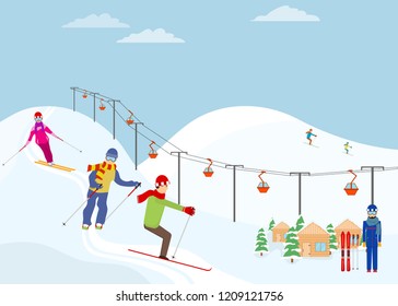 Skiers, skiers slide down the slopes. Ski resort. Flat design, vector illustration, vector.