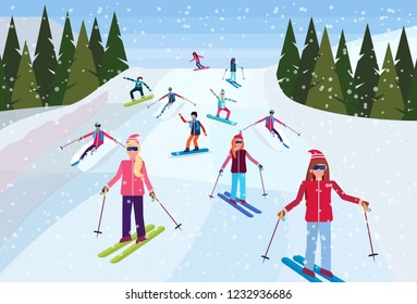 skiers sliding down snowy mountain hill fir tree landscape background people skiing winter vacation concept flat horizontal vector illustration
