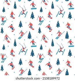 Skiers and snowboarders cartoon flat style. Ski resort. Winter sport activity. Seamless pattern