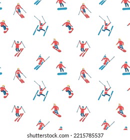 Skiers and snowboarders cartoon flat style. Ski resort. Winter sport activity. Seamless pattern