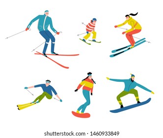 Skiers and snowboarders, cute doodle people. Funny cartoon men, women and child in the ski resort. Winter mountain sports activity.  Hand drawn vector flat illustration, isolated on white.