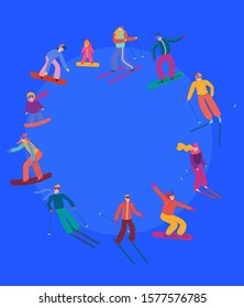 Skiers and snowboarders dressed in colorful costumes descend from the mountain, 
Winter mountain sports activity. Modern flat vector concept illustration.