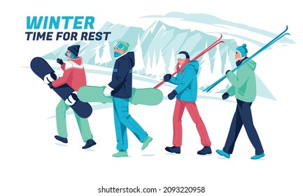 esquiadores y snowboarders en equipo trepan una colina cubierta de nieve sobre el telón de fondo de un paisaje montañoso invernal. Cuatro amigos. Estilo de vida. Deportes de invierno extremos. Ilustración vectorial plana.