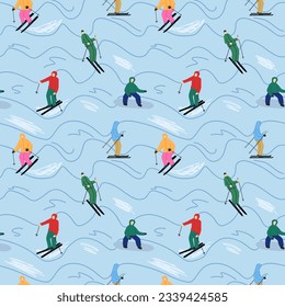 Skiers and snowboarders on the slope. Blue background. Winter sports seamless pattern. For fabric design, textile print, wrapping paper, cover. Vector illustration