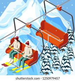 Skiers with sports equipment on funicular of ski resort on mountain background with spruces isometric vector illustration