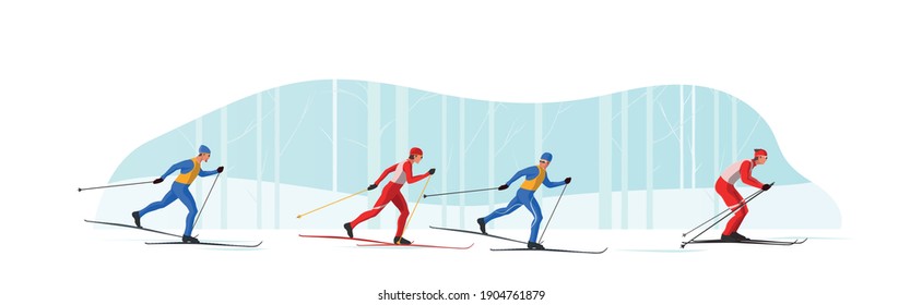 Skiers in sportswear are skiing classic style. Athletes participate in winter sports competition. The leader of pelothon tries to win a sprint race.Vector flat design web banner illustration