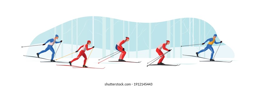 Skiers in sportswear are skiing classic style. Athletes participate in winter sports competition. The leader of pelothon tries to win a sprint race.Vector flat design web banner illustration