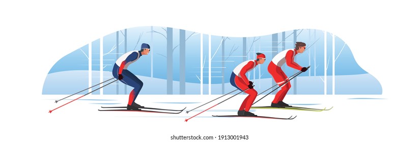 Skiers in sportswear are skiing classic style. Athletes participate in winter sports competition. The leader of pelothon tries to win a sprint race.Vector flat design web banner illustration