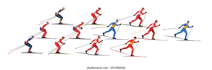 Skiers in sportswear are skiing classic style. Athletes participate in winter sports competition. The leader of pelothon tries to win a sprint race.Vector flat design web banner illustration