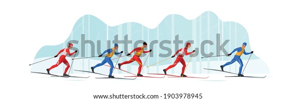 Skiers in sportswear are skiing with Ski\
poles and skis. Athletes participate in winter sports competition.\
The leader of pelothon tries to win a sprint race.Vector flat\
design web banner\
illustration