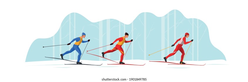 Skiers in sportswear are skiing using Ski poles and skis. Athletes participate in winter sports competition. The leader of the pelothon tries to win the sprint race.Vector flat design illustration.