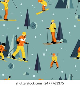 Skiers in various poses on a winter landscape background with trees and snow. Vector illustration