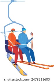 Skiers wearing protective gear seated chairlift headed up snowy mountain ski resort winter adventure isolated white background. Man blue jacket clutching poles woman red attire enjoying scenic view