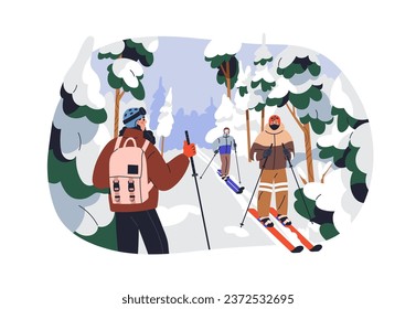 Skiers in winter forest on vacation. People skiing outdoors in cold weather, season. Sports activity, travel in nature on wintertime holiday. Flat vector illustration isolated on white background