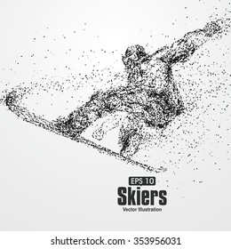 Skiers,particle divergent composition, vector illustration.