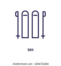 icono de skii de la colección de actividades al aire libre. Esquí lineal delgado, deporte, icono de contorno de actividad aislado en fondo blanco. Signo de skii vectorial de línea, símbolo para web y móvil