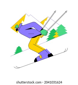 Esquiando la ilustración abstracta del vector de concepto. Aventura de invierno, pendiente de montaña, deporte al aire libre, diversión familiar, resort de montaña, cuesta abajo, vacaciones extremas, pico de nieve, metáfora abstracta de vacaciones.