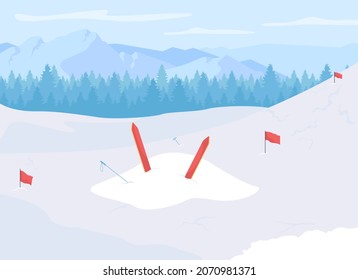 Skiing accident flat color vector illustration. Climber buried by avalanche. Skier trapped under snow. Dangers of skiing. Avalanche victim 2D cartoon character with snowy mountains on background