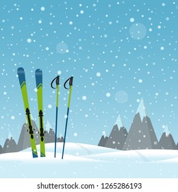 Skiing against the backdrop of mountains. Winter landscape. Place for text. Vector illustration.